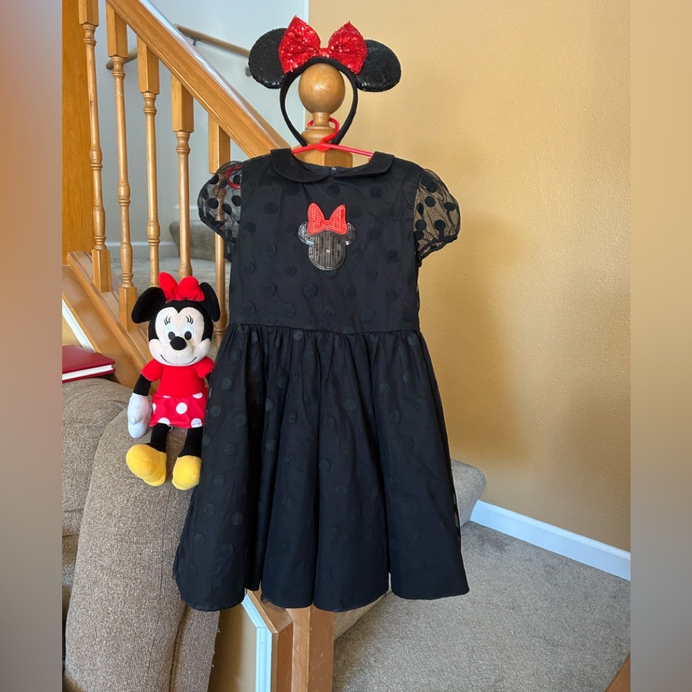 Disney Minnie Mouse dress, ears, plush Minnie , earrings, Disney autograph book